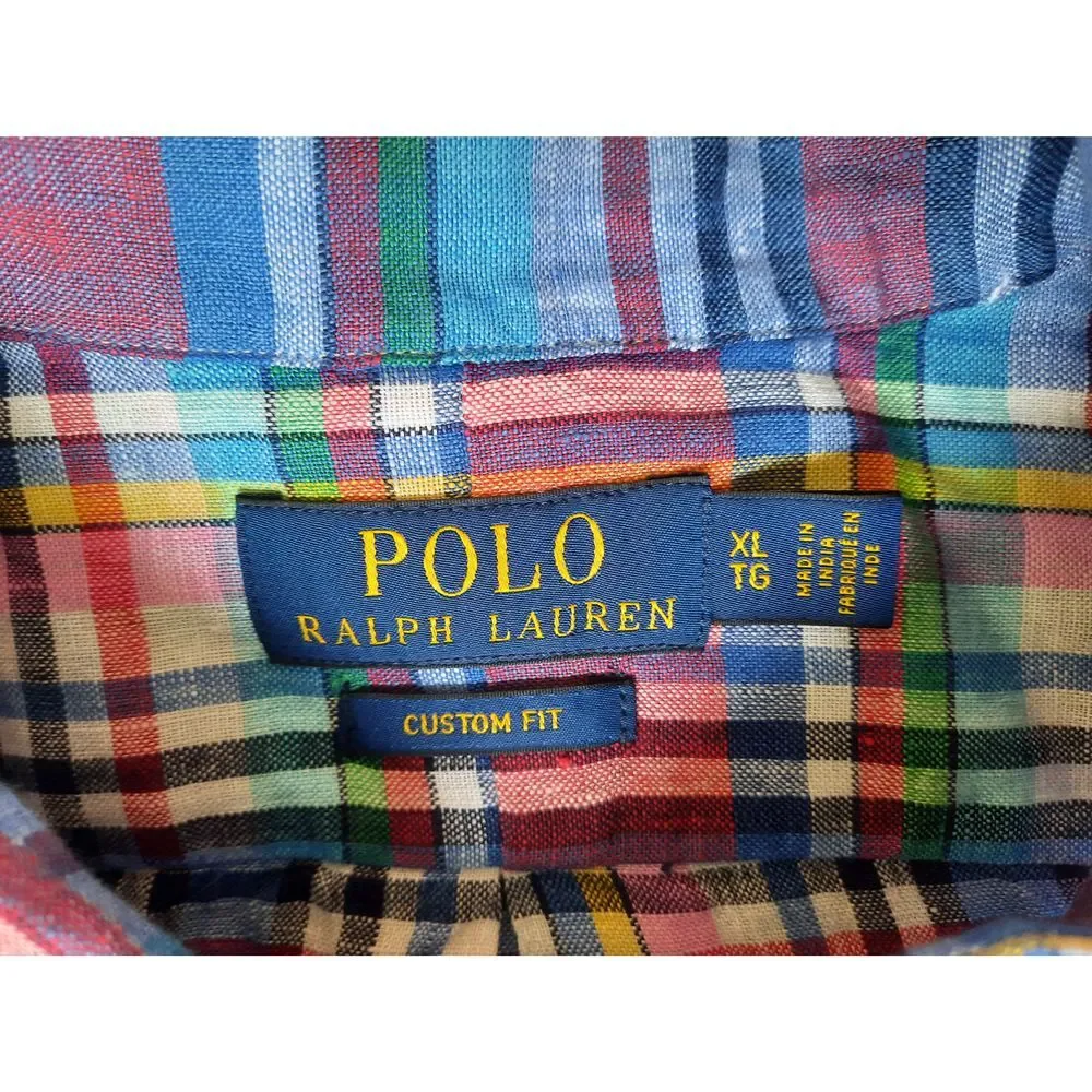 Polo Ralph Lauren Men XL Custom Fit Plaid Western Linen Button Shirt LongSleeve‎